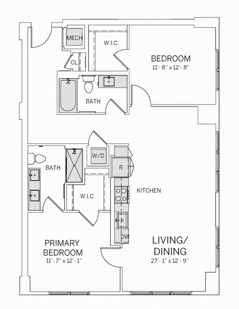 Floor plan for 2 beds, 2 baths, 1144 sqft
